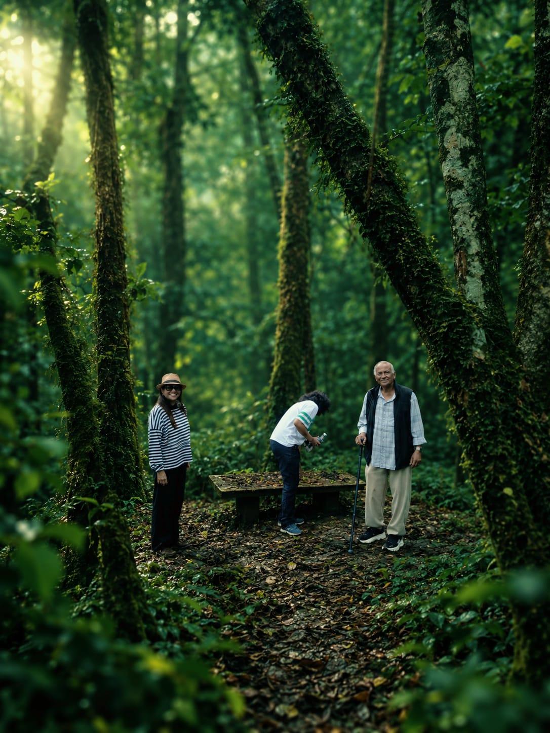 Three people standing on a forest path among tall mossy trees at Hmuifang