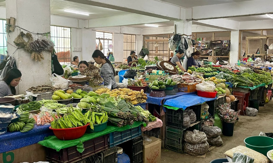 Fresh vegetable stalls inside a Shillong market
