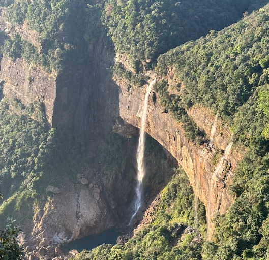 Nohkalikai Falls plunging into a forested gorge near Sohra