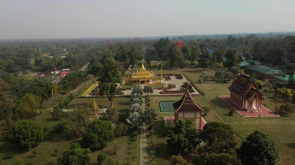 Aerial view of the Golden Pagoda monastery complex in Namsai