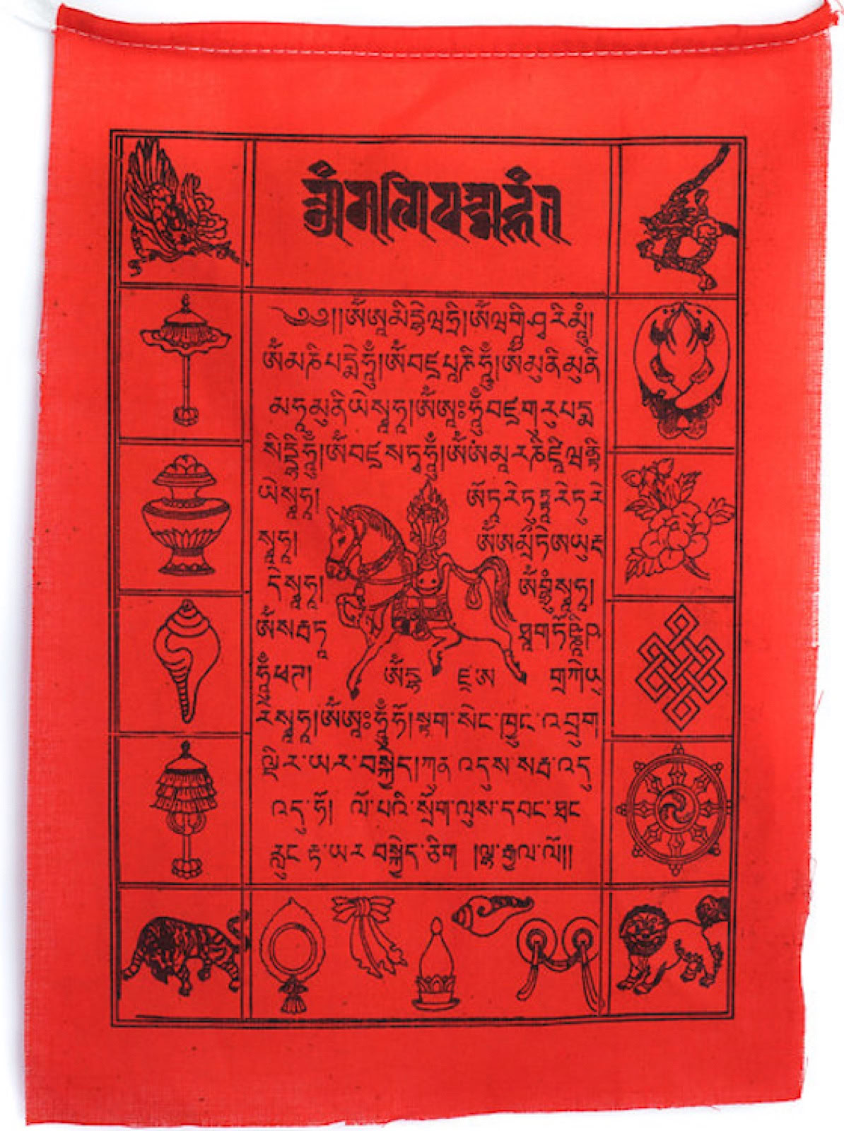 A red prayer flag printed with a wind horse, auspicious symbols and Tibetan mantras